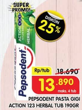 Promo Harga Pepsodent Pasta Gigi Action 123 Herbal 190 gr - Superindo