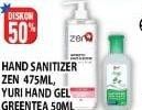 Promo Harga ZEN Hand Sanitizer 475ml, YURI Hand Gel Greentea 50ml  - Hypermart