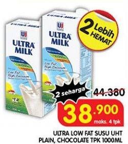 Promo Harga Ultra Milk Susu UHT Low Fat Coklat, Low Fat Full Cream 1000 ml - Superindo