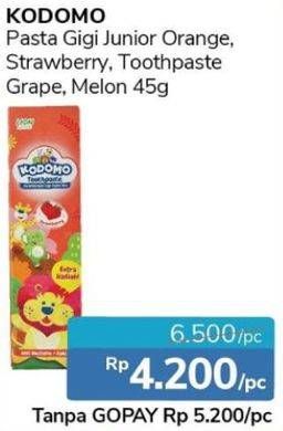 Promo Harga KODOMO Pasta Gigi Orange, Strawberry, Grape, Melon 45 gr - Alfamidi