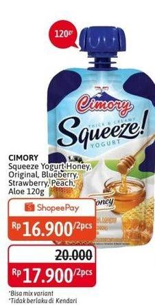 Promo Harga CIMORY Squeeze Yogurt Honey, Original, Blueberry, Strawberry, Peach, Aloe Vera 120 gr - Alfamidi