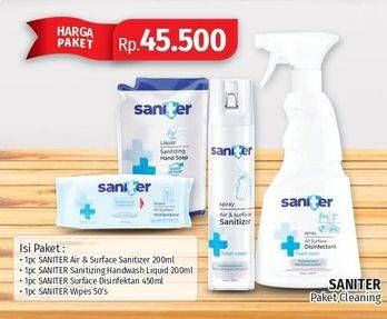 Promo Harga SANITER Air & Surface Sanitizer Aerosol 200ml + SANITER Hand Wash 200ml + SANITER Disinfectant Spray 450ml + Saniter Wet Wipes 50s  - Lotte Grosir