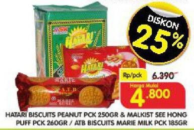 Promo Harga Hatari Biscuits Peanut 250gr / Malkist See Hong Puff 260gr / ATB Biscuits Marie Milk 185gr  - Superindo