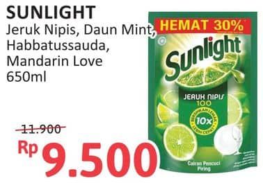 Promo Harga Sunlight Pencuci Piring Jeruk Nipis 100, Anti Bau With Daun Mint, Higienis Plus With Habbatussauda, Mandarin Orange 650 ml - Alfamidi