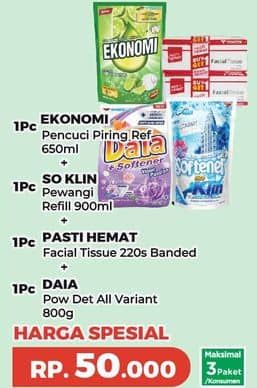 Promo Harga Ekonomi Pencuci Piring + So Klin Pewangi + Pasti Hemat Facial Tissue + Daia Detergent  - Yogya
