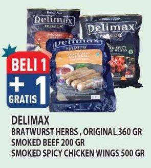Promo Harga DELIMAX Bratwurst Herbs, Original 360gr, Smoked Beef 200gr, Smoked Spicy Chicken Wings 500gr  - Hypermart