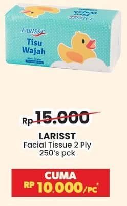 Larisst Facial Tissue 250 sheet Diskon 33%, Harga Promo Rp10.000, Harga Normal Rp15.000, Tebus Murah Dengan Disertai Belanja Senilai Rp. 50.000 (Kec. Rokok, Pulsa Payment, Susu Bayi di Bawah 1 Tahun & Produk Sponsor Harga Heboh)
Berlaku 1 Pcs Masing Masing Produk Dalam 1 Struk 
Tidak Berlaku Kelipatan