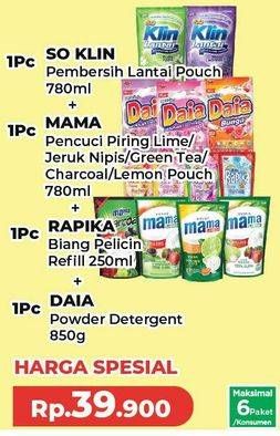 So Klin Pembersih Lantai + Mama Lemon/Lime Pencuci Piring + Rapika Pelicin Pakaian + Daia Detergent