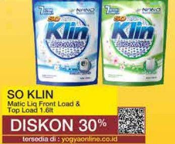 Promo Harga SO KLIN Biomatic Liquid Detergent Front Load, Top Load 1600 ml - Yogya