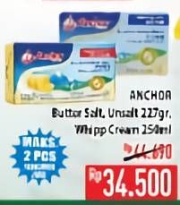 Promo Harga ANCHOR Butter 227 gr/Whipping Cream 250 ml  - Hypermart