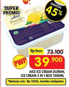 Promo Harga Aice Ice Cream Box Durian, 3in1 1500 ml - Superindo