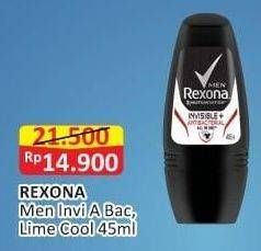 Promo Harga REXONA Men Deo Roll On Invisible + Antibacterial, Natural Fresh Lime Cool 45 ml - Alfamart