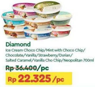 Promo Harga Diamond Ice Cream Mint With Chocolate Chip, Chocolate With Chocolate Chip, Vanila, Stroberi, Durian, Salted Caramel, Vanilla With Chocolate Chip, Neapolitan 700 ml - TIP TOP