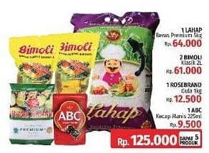 Promo Harga LAHAP Premium 5Kg + ABC Kecap Manis 225ml + BIMOLI Minyak Goreng 2Ltr + ROSE BRAND Gula Pasir 1Kg  - LotteMart