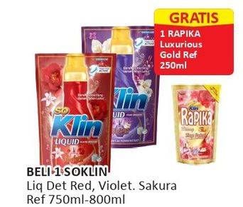 Promo Harga SO KLIN Liquid Detergent + Anti Bacterial Red Perfume Collection, + Anti Bacterial Violet Blossom, + Softergent Soft Sakura 750 ml - Alfamart