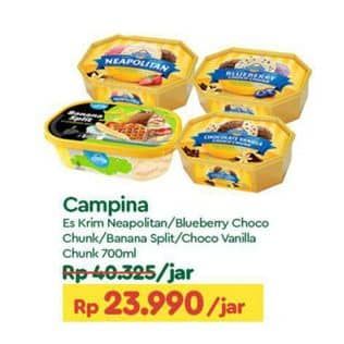 Promo Harga Campina Ice Cream Banana Split, Blueberry Choco Chunk, Chocolate Vanilla Choco Chunk, Neapolitan 700 ml - TIP TOP