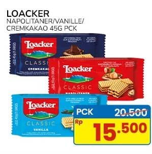 Promo Harga Loacker Wafer Napolitaner, Vanilla, Cream Cacao 45 gr - Indomaret