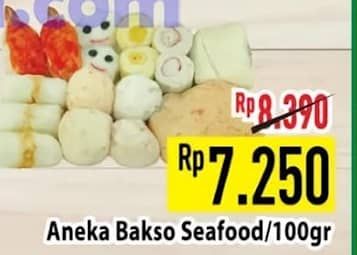 Aneka Bakso Seafood per 100 gr Diskon 13%, Harga Promo Rp7.250, Harga Normal Rp8.390