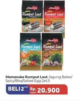 Promo Harga MAMASUKA Rumput Laut Panggang Jagung Bakar, Pedas, BBQ, Salted Egg per 2 bungkus 4 gr - Carrefour