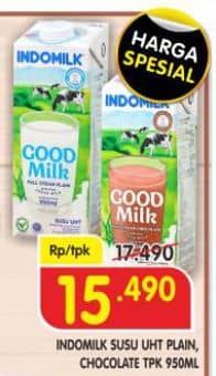 Promo Harga Indomilk Susu UHT Full Cream Plain, Cokelat 950 ml - Superindo