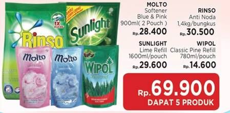 Promo Harga Molto Softener Blue & Pink 900ml (2 pouch) + Rinso Anti Noda 1,4kg/ bungkus + Sunlight Lime Refill 1600ml/ pouch + Wipol Classic Pine Refill 780ml/ pouch  - Indomaret