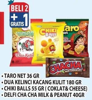 TARO Net 36gr, DUA KELINCI Kacang Kulit 180gr, CHIKI Balls 55gr (Coklat & Cheese), DELFI Cha Cha Milk & Peanut 40gr
