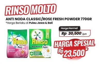 Promo Harga Rinso Anti Noda Deterjen Bubuk + Molto Classic Fresh, + Molto Pink Rose Fresh 770 gr - Carrefour