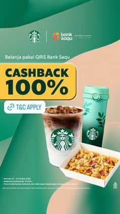 Promo Starbucks Belanja pakai QRIS Bank Saqu. Maksimal cashback Rp15.000. Periode 25-31 October 2024