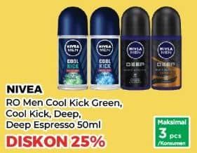 Promo Harga Nivea Men Deo Roll On Cool Kick Freezy Green, Cool Kick, Deep, Deep Black Charcoal Espresso 50 gr - Yogya