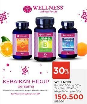 Promo Harga Wellness Excell C 500mg/Wellness Zinc With Vitamin B6/Wellness Mega B Complex  - Watsons