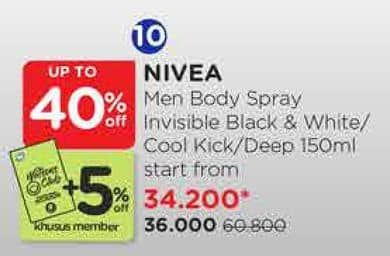 Promo Harga Nivea Men Deo Spray Black White Invisible Original, Cool Kick, Deep 150 ml - Watsons