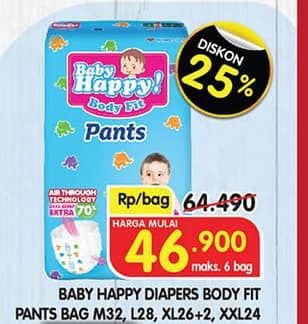 Promo Harga Baby Happy Body Fit Pants M32, L28, XL26+2, XXL24 24 pcs - Superindo