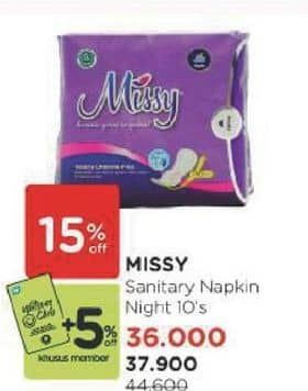 Promo Harga Missy Sanitary Napkins Night Wing 290mm 10 pcs - Watsons