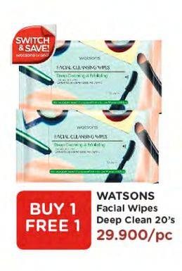 Promo Harga WATSONS Facial Cleansing Wipes 3 in 1 Micellar Water Deep Exfoliating 20 sheet - Watsons