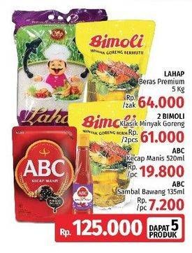 Promo Harga LAHAP Beras 5Kg + ABC Sambal Bawang 135ml + ABC Kecap Manis 520ml + BIMOLI Minyak Goreng  - LotteMart