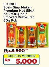 Promo Harga So Nice Sosis Siap Makan Premium Keju, Original, Hot, Smoked Bratwurst 60 gr - Indomaret