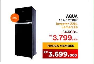 Aqua AQR-D275 Kulkas 2 Pintu Freezer Atas  Diskon 17%, Harga Promo Rp3.799.000, Harga Normal Rp4.600.000, Khusus Member Rp. 3.699.000, Khusus Member