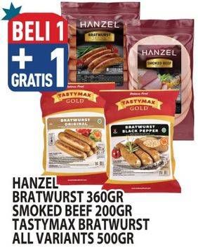 Promo Harga HANZEL Bratwurst 360gr, Smoked Beef 200gr, TASTYMAX Bratwurst All Variant 500gr  - Hypermart