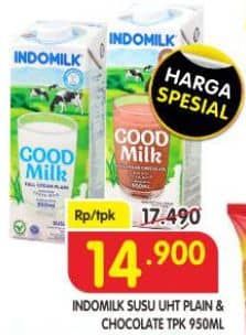 Promo Harga Indomilk Susu UHT Full Cream Plain, Cokelat 950 ml - Superindo