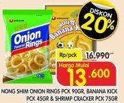 Promo Harga Nongshim Onion Rings Pck 90gr, Banana Kick Pck 45Gr & Shrimo Cracker 75Gr  - Superindo