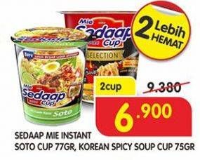Promo Harga SEDAAP Mie Instan Soto Cup 77 g, Korean Spicy Soup 75 g  - Superindo