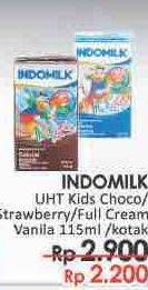 Promo Harga INDOMILK Susu UHT Kids Cokelat, Stroberi, Full Cream, Vanila 115 ml - LotteMart
