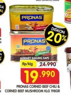 Pronas Corned Beef 198 gr Diskon 20%, Harga Promo Rp19.990, Harga Normal Rp24.990