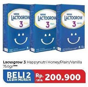 Promo Harga LACTOGROW 3 Susu Pertumbuhan Madu, Plain, Vanila per 2 box 750 gr - Carrefour
