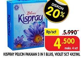 Promo Harga KISPRAY Pelicin Pakaian Sachet Amoris, Bluis, Violet, Segeris per 4 sachet 21 ml - Superindo