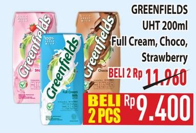 Promo Harga Greenfields UHT Full Cream, Choco Malt, Strawberry 200 ml - Hypermart
