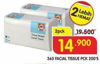 Promo Harga 365 Facial Tissue per 2 pouch 200 pcs - Superindo