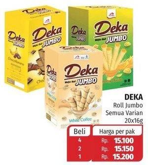 Promo Harga DUA KELINCI Deka Wafer Roll Jumbo Cheesy Durian, Jumbo Choco Banana, Jumbo White Coffee per 20 pcs 16 gr - Lotte Grosir