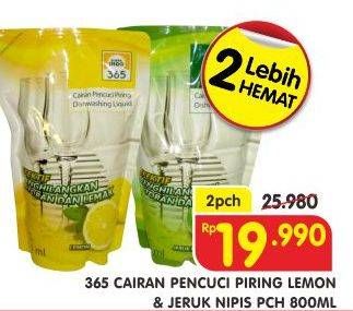 Promo Harga 365 Pencuci Piring Lemon, Jeruk Nipis per 2 pouch 800 ml - Superindo