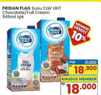 Promo Harga Frisian Flag Susu UHT Purefarm Full Cream, Swiss Chocolate 946 ml - Indomaret